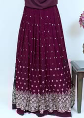 Wine Colour Pleated Georgette Embroidered Fabric