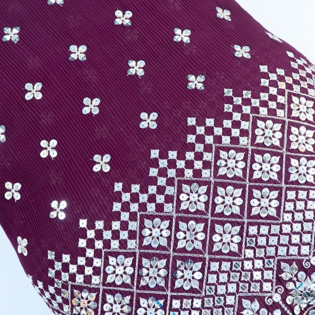 Wine Colour Pleated Georgette Embroidered Fabric