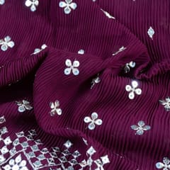 Wine Colour Pleated Georgette Embroidered Fabric