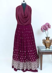 Wine Colour Pleated Georgette Embroidered Fabric