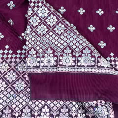 Wine Colour Pleated Georgette Embroidered Fabric