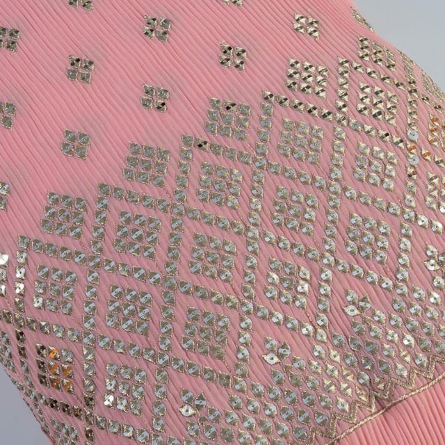 Pink Colour Georgette Pleat Embroidered Fabric
