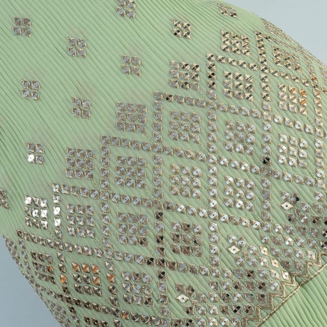 Pista Colour Georgette Pleat Embroidered Fabric