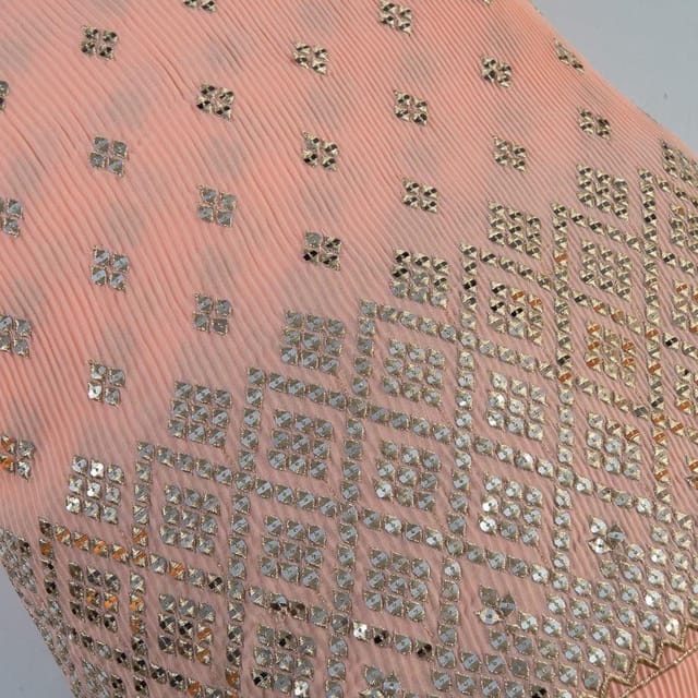 Peach Colour Georgette Pleat Embroidered Fabric