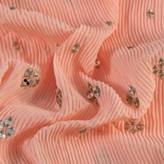 Peach Colour Georgette Pleat Embroidered Fabric
