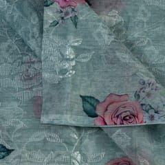 Sea Green Colour Poly Organza Embroidery Digital Print fabric