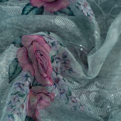 Sea Green Colour Poly Organza Embroidery Digital Print fabric