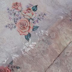 Beige Colour Poly Organza Embroidery Digital Print fabric