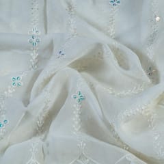 Dyeable Georgette White Thread and Mirror Embroidered Fabric Big Width