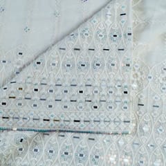 Dyeable Georgette White Thread and Mirror Embroidered Fabric Big Width