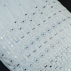 Dyeable Georgette White Thread and Mirror Embroidered Fabric Big Width