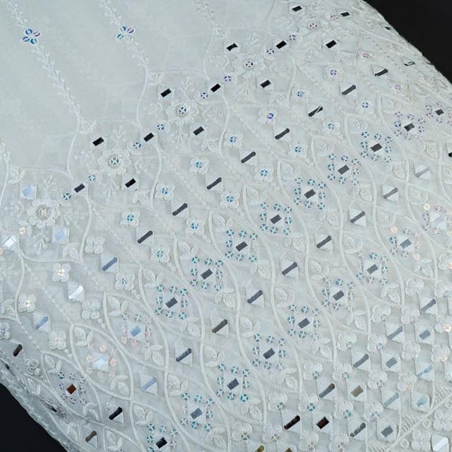 Dyeable Georgette White Thread and Mirror Embroidered Fabric Big Width