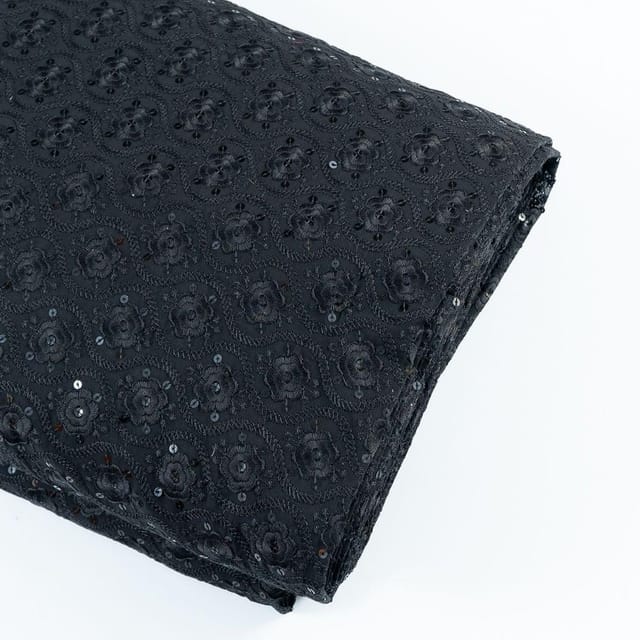 Black Colour Georgette Lakhnavi Embroidered Fabric