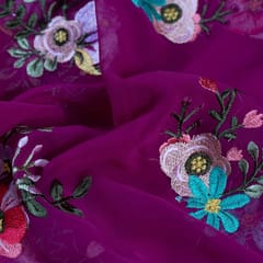 Wine Colour Georgette Thread Embroidered Fabric