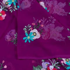 Wine Colour Georgette Thread Embroidered Fabric