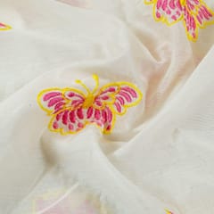 Cream Colour Modal Chanderi Butterfly Thread Embroidered Fabric