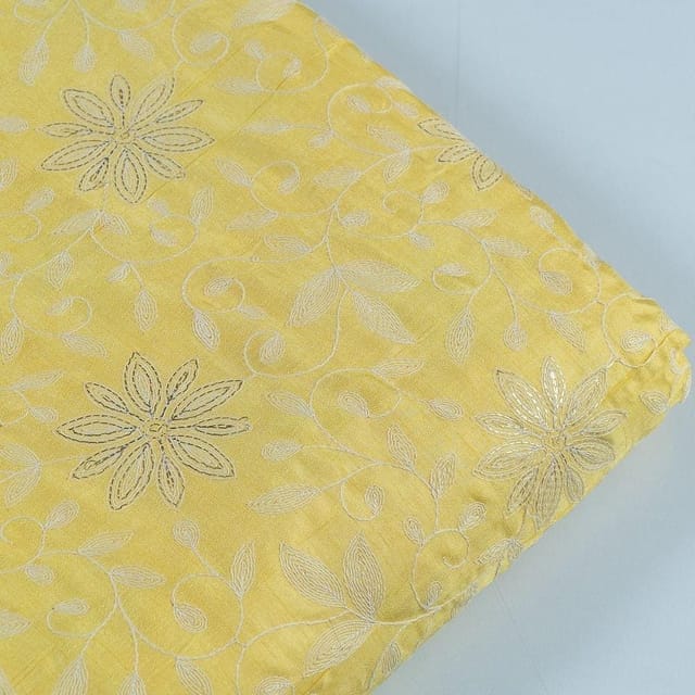 Yellow Colour Dola Silk Embroidered Fabric