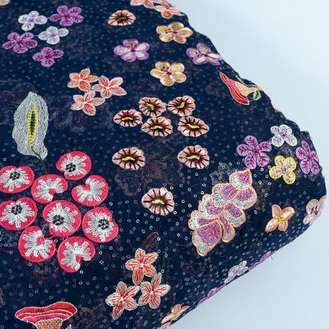Navy Blue Colour Georgette Embroidered Fabric