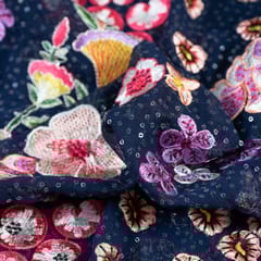 Navy Blue Colour Georgette Embroidered Fabric