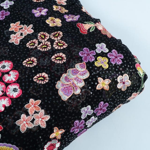Black Colour Georgette Embroidered Fabric