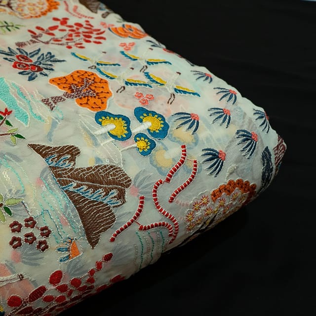 White Colour Georgette Embroidered Fabric