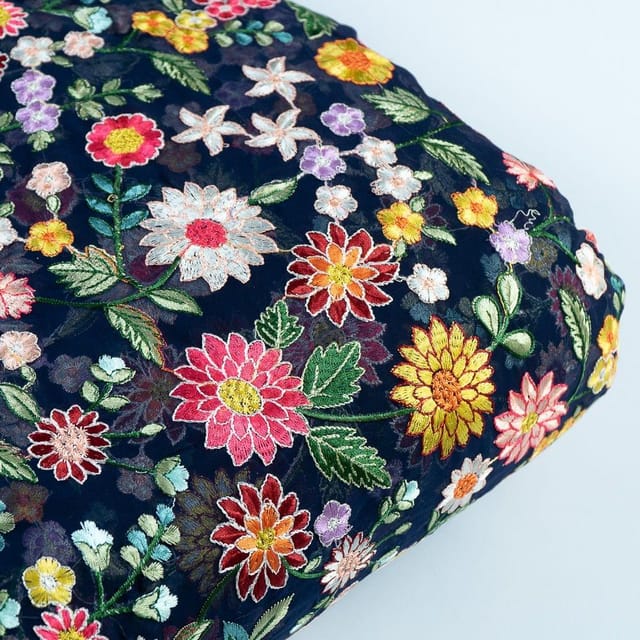 Navy Blue Colour Georgette Embroidered Fabric