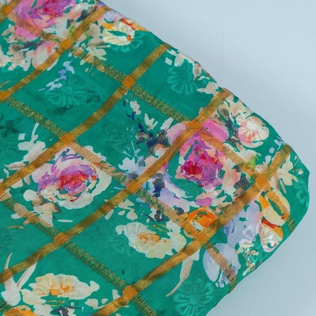 Green Colour Chinon Jacquard Digital Printed Fabric