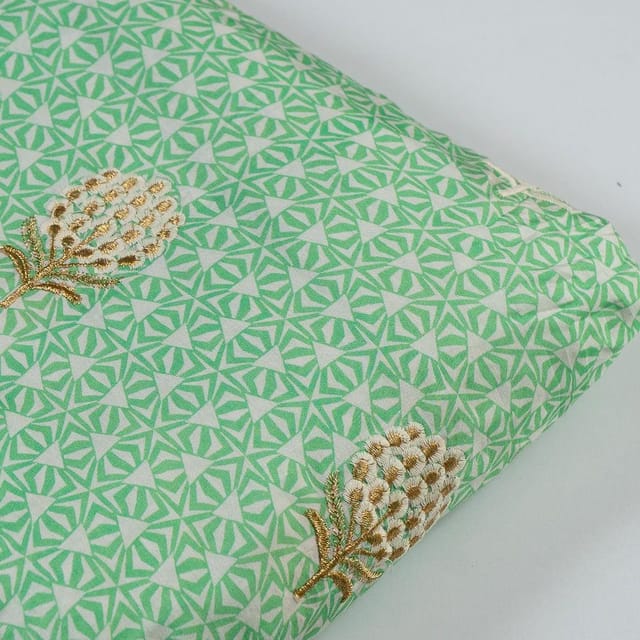 Green Colour Muslin Print With Embroidered Fabric
