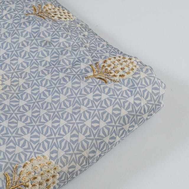 Sky Blue Colour Muslin Print With Embroidered Fabric