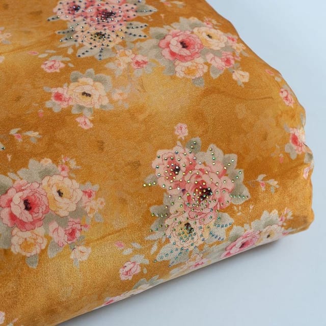 Mustard Colour Velvet Print with Multi Colour Saroaski Embroidered Fabric