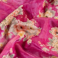 Pink Colour Velvet Print with Multi Colour Saroaski Embroidered Fabric