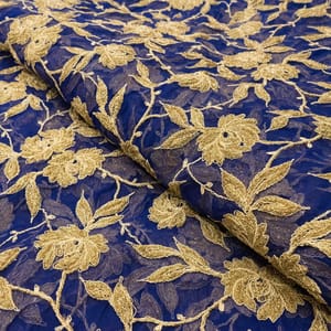 Blue Colour Net Zari Embroidered Fabric