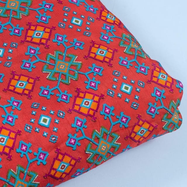 Red Colour Dola Silk Digital Printed Fabric