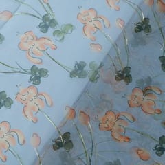 Grey Colour Foil Organza Printed Fabric