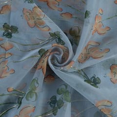 Grey Colour Foil Organza Printed Fabric