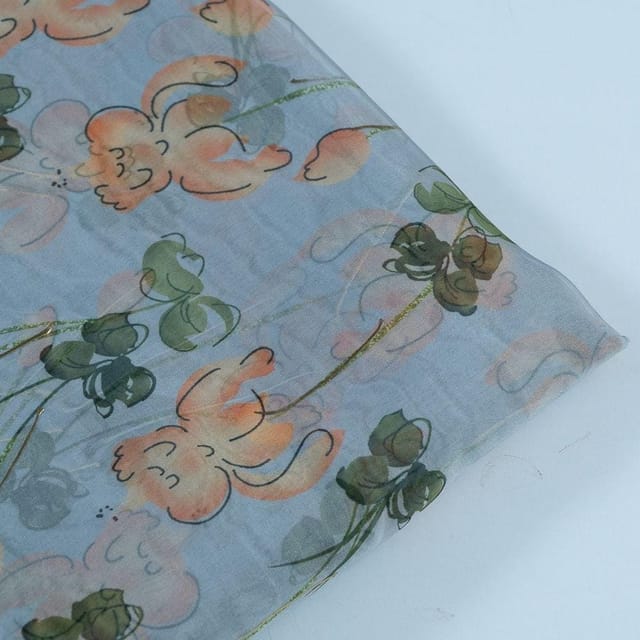 Grey Colour Foil Organza Printed Fabric