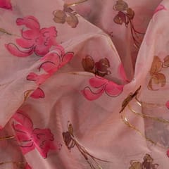 Pink Colour Foil Organza Printed Fabric