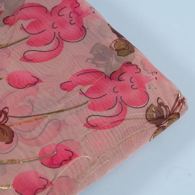 Pink Colour Foil Organza Printed Fabric