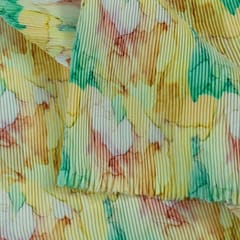 Yellow Colour Pleated Satin Printed Fabric