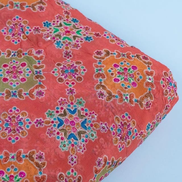 Orange Colour Georgette Print With Embroidered Fabric