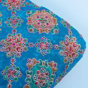 Firozi Colour Georgette Print With Embroidered Fabric