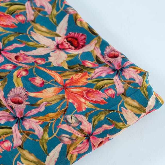 Teal Blue Colour Crepe Digital Printed Fabric