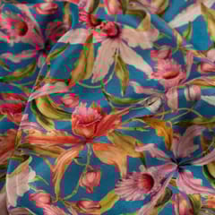 Teal Blue Colour Crepe Digital Printed Fabric