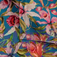 Teal Blue Colour Crepe Digital Printed Fabric