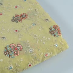 Lemon Colour Viscose Organza MultiColour Thread and Sequins Embroidered Fabric