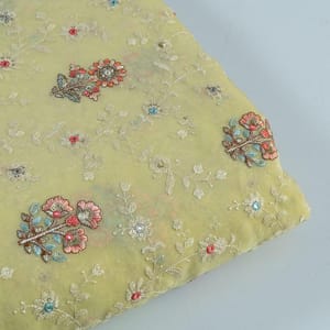 Lemon Colour Viscose Organza MultiColour Thread and Sequins Embroidered Fabric
