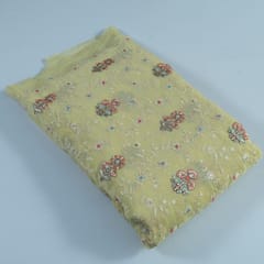 Lemon Colour Viscose Organza MultiColour Thread and Sequins Embroidered Fabric