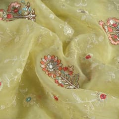 Lemon Colour Viscose Organza MultiColour Thread and Sequins Embroidered Fabric