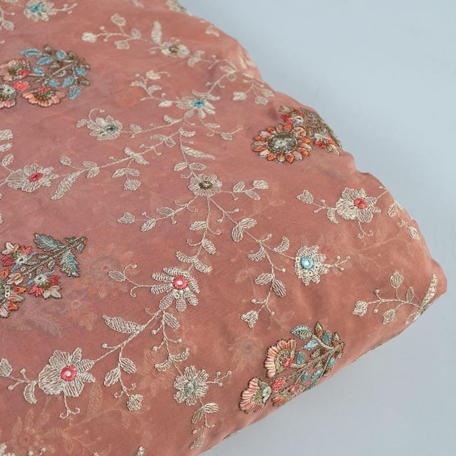 Onion Pink Colour Viscose Organza MultiColour Thread and Sequins Embroidered Fabric