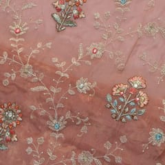 Onion Pink Colour Viscose Organza MultiColour Thread and Sequins Embroidered Fabric